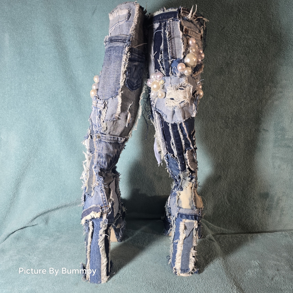 AZALEA WANG DENIM CHUNKY PATCHWORK PLATFORM BOOT.Denim Patchwork Knee-High Boots - Picture 5 of 16